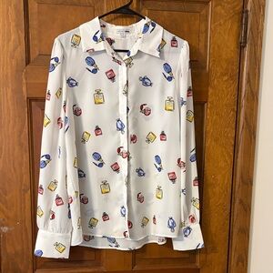 Fashion Nova White Blouse with Colorful Perfume Bottle Print